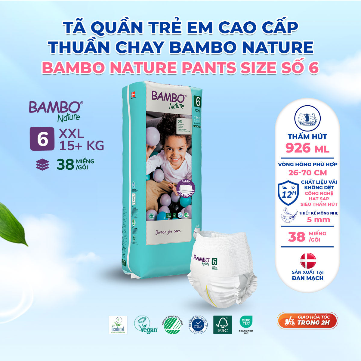 Tã Quần Hữu Cơ Trẻ Em Cao Cấp Bambo Nature - Thoáng Khí - Mỏng Nhẹ, An Toàn Cho Da Bé - Đạt Chứng Nhận An Toàn Quốc Tế