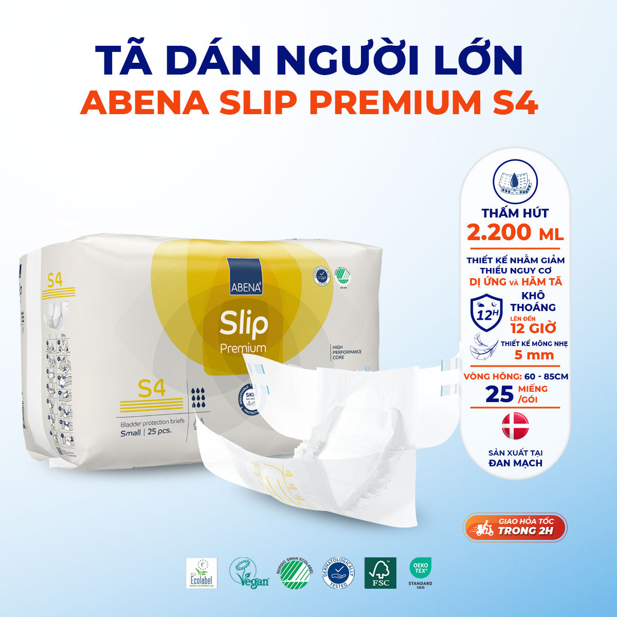 Tã Dán Người Lớn Abena Slip Premium S4 Siêu Thấm Hút 2200ml - Hông 60-85cm - Gói 25 Miếng - Nhập Khẩu Đan Mạch