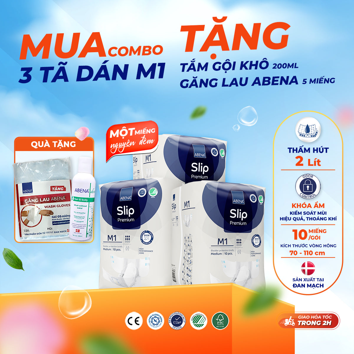 Tã dán người lớn Abena Slip premium M1 - Thấm hút 2 lít 1 miếng nguyên đêm