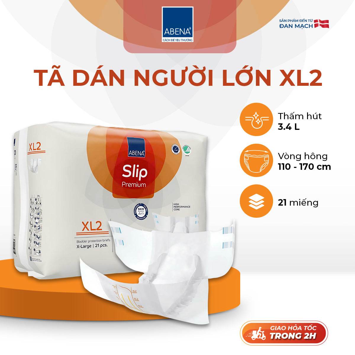 Tã Dán Người Lớn Abena Slip Premium XL2 - Thấm Hút Đến 3.4L - Thoáng Khí, Khóa Ẩm - Nhập Khẩu Từ Đan Mạch - ABcare