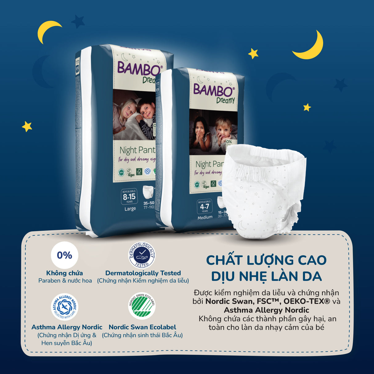 Tã Quần Ban Đêm Bambo Dreamy 4-15 Tuổi - Mềm Mại, Thoáng Khí, Siêu Thấm Hút Ban Đêm - Nhập Khẩu Từ Đan Mạch