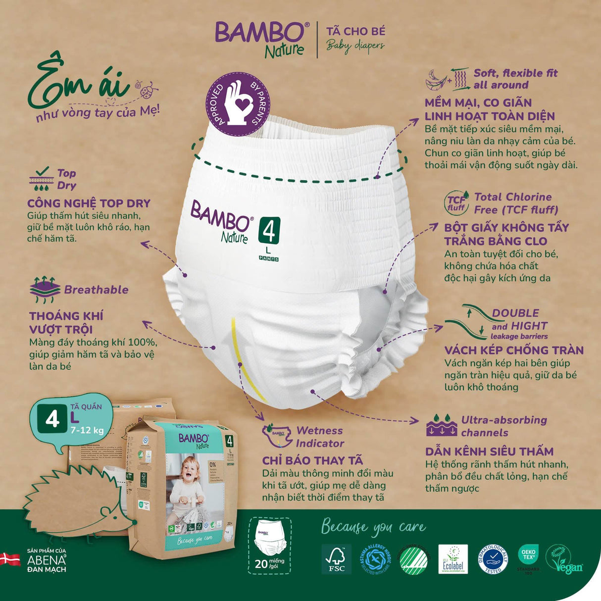 Tã Quần Hữu Cơ Trẻ Em Cao Cấp Bambo Nature - Thoáng Khí - Mỏng Nhẹ, An Toàn Cho Da Bé - Đạt Chứng Nhận An Toàn Quốc Tế - ABcare