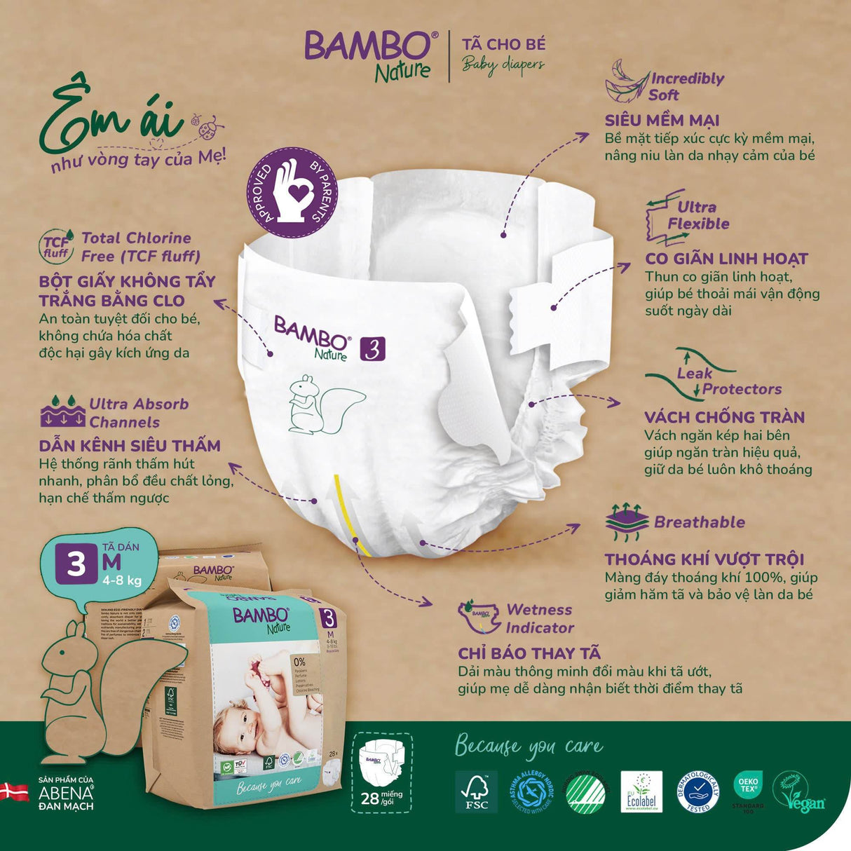 Tã Dán Hữu Cơ Trẻ Em Cao Cấp Bambo Nature - Thoáng Khí - Mỏng Nhẹ, An Toàn Cho Da Bé - Đạt Chứng Nhận An Toàn Quốc Tế - ABcare