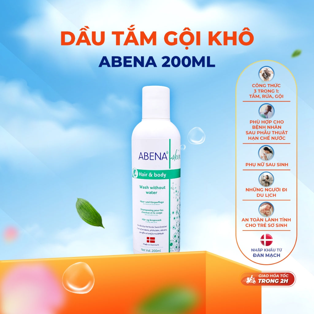 Dầu gội tắm khô Abena giúp làm sạch dịu nhẹ an toàn cho da - Nhập Khẩu Đan Mạch (Chai 200m )