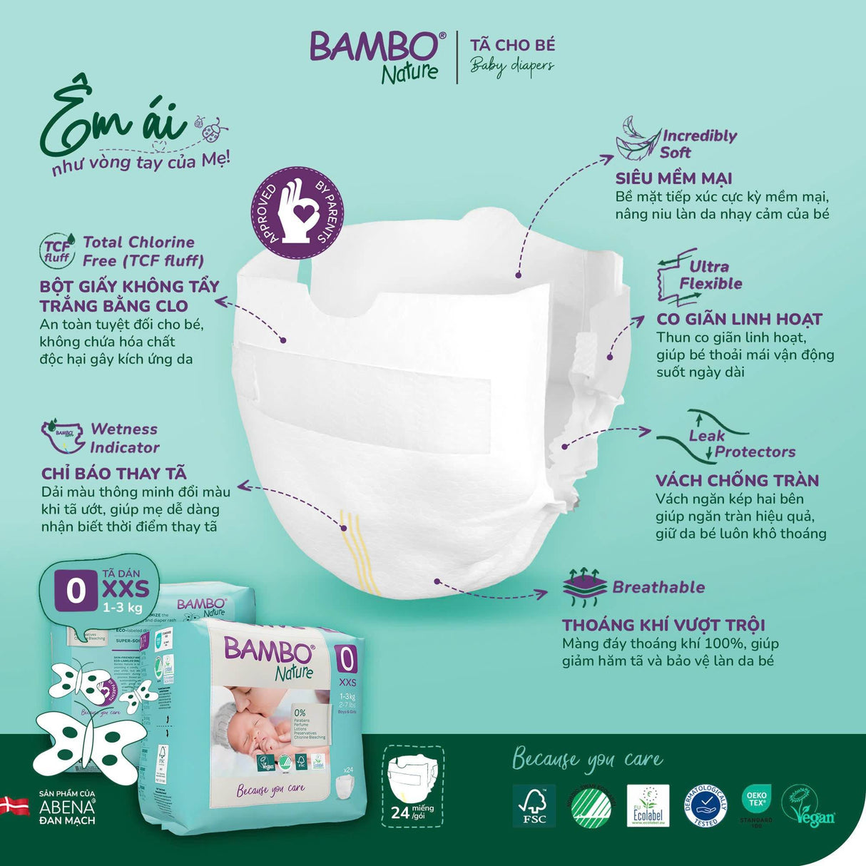 Tã Dán Hữu Cơ Trẻ Em Cao Cấp Bambo Nature - Thoáng Khí - Mỏng Nhẹ, An Toàn Cho Da Bé - Đạt Chứng Nhận An Toàn Quốc Tế - ABcare