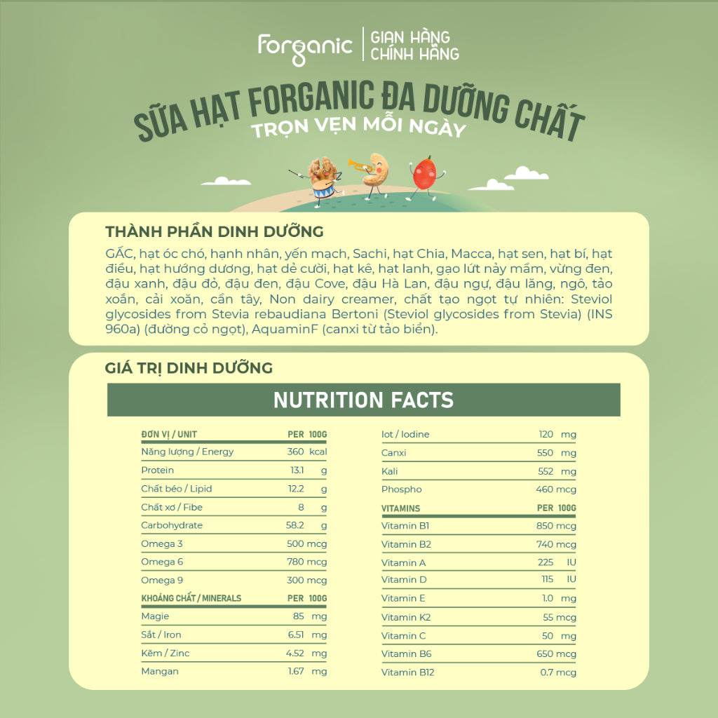 Sữa Hạt Forganic Đa dưỡng chất, giúp tăng cường hệ miễn dịch, chống Oxy hóa, ngắn ngừa ung thư - ABcare