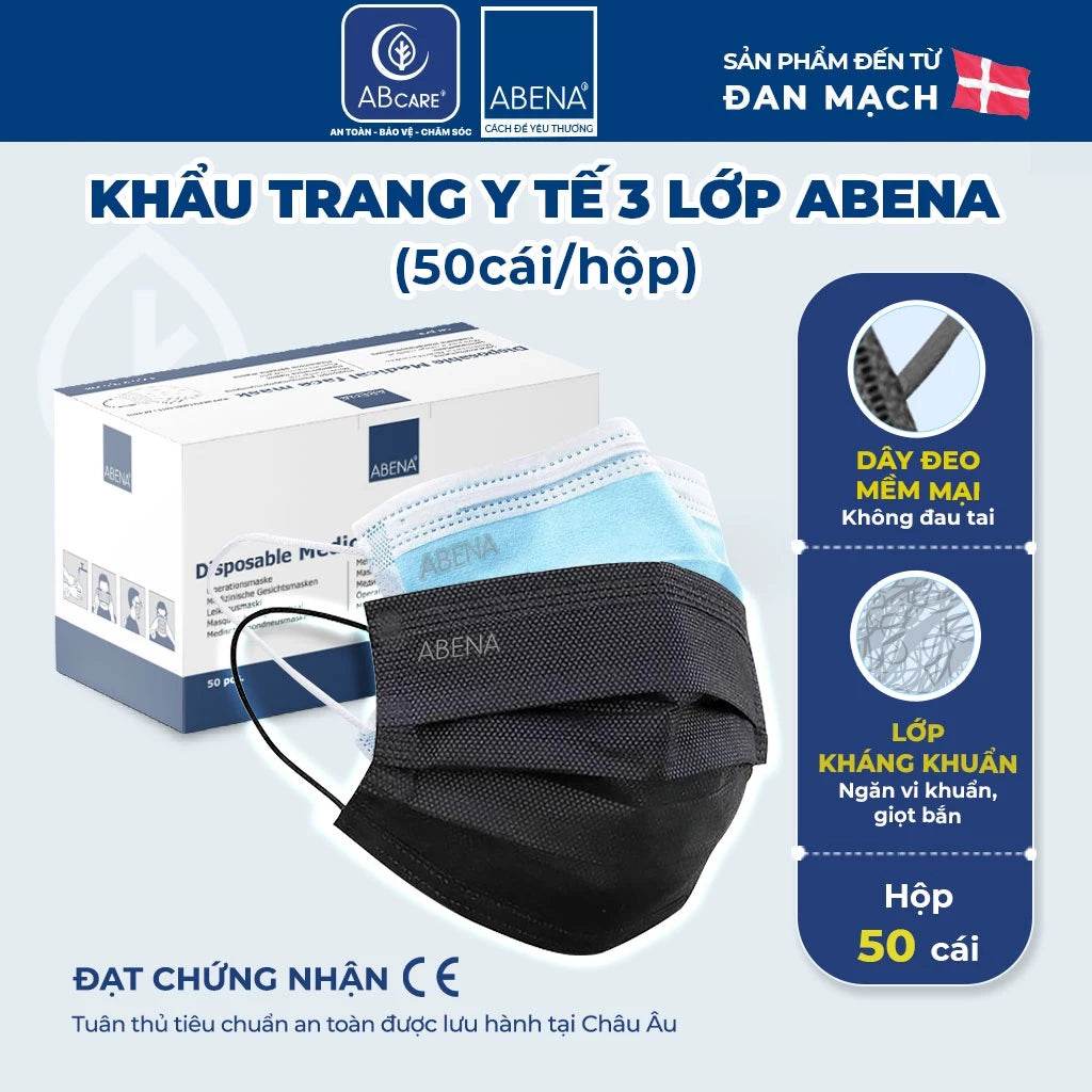 Khẩu trang y tế 3 lớp Abena kháng khuẩn mỏng nhẹ chống khói bụi vi khuẩn (Hộp 50 cái) - ABcare