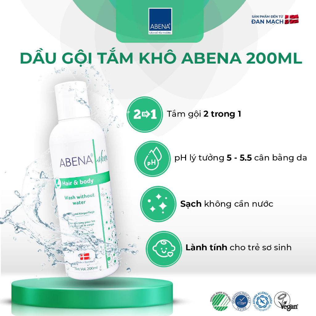 Dầu gội tắm khô Abena giúp làm sạch dịu nhẹ an toàn cho da - Nhập Khẩu Đan Mạch (Chai 200m ) - ABcare
