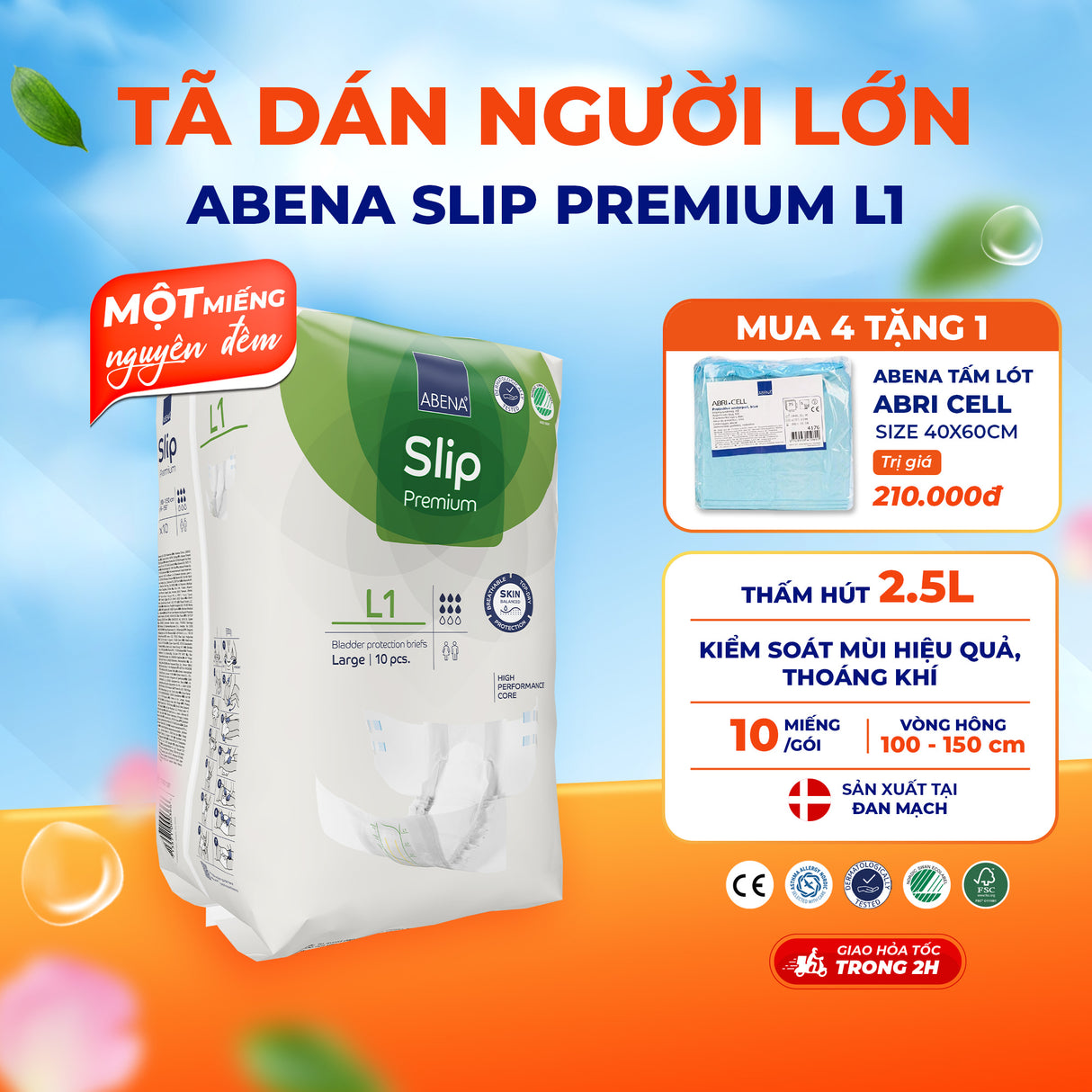 Tã dán người lớn cao cấp Abena Slip Premium L1 siêu thấm hút lên đến 2.5 lít thoải mái ngủ qua đêm - Nhập khẩu Đan Mạch