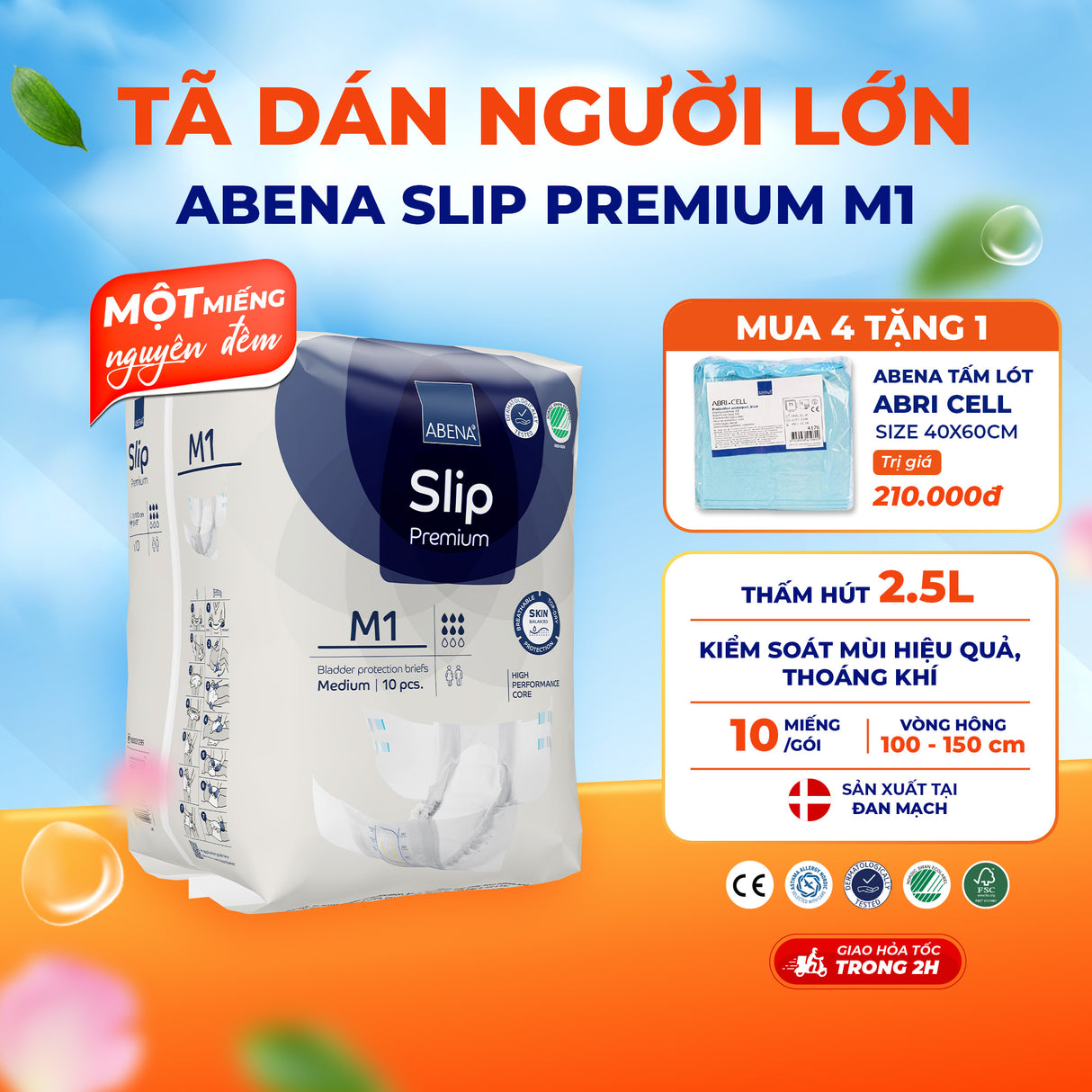 Tã dán người lớn Abena Slip premium M1 - Thấm hút 2 lít 1 miếng nguyên đêm