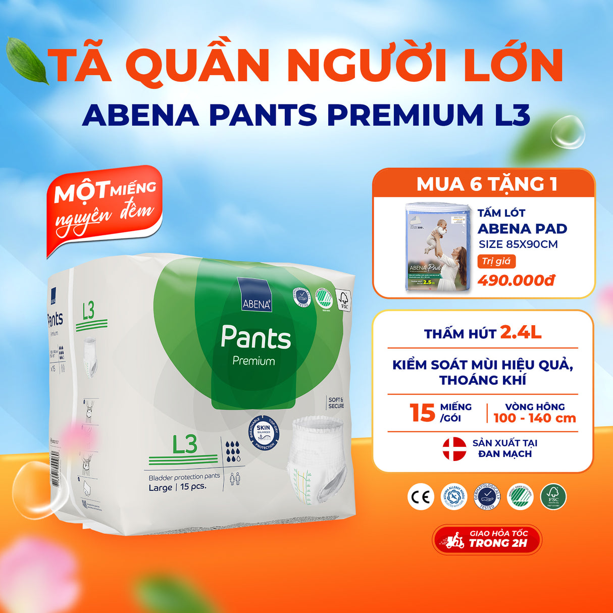 Tã quần người lớn Abena Pants Premium L3 thấm hút 2.400ml - Nhâp khẩu Đan Mạch