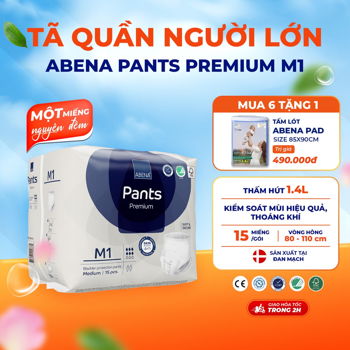 Tã quần người lớn Abena Pants Premium M1 - Miếng thấm hút 1.400ml - Nhập khẩu Đan Mạch