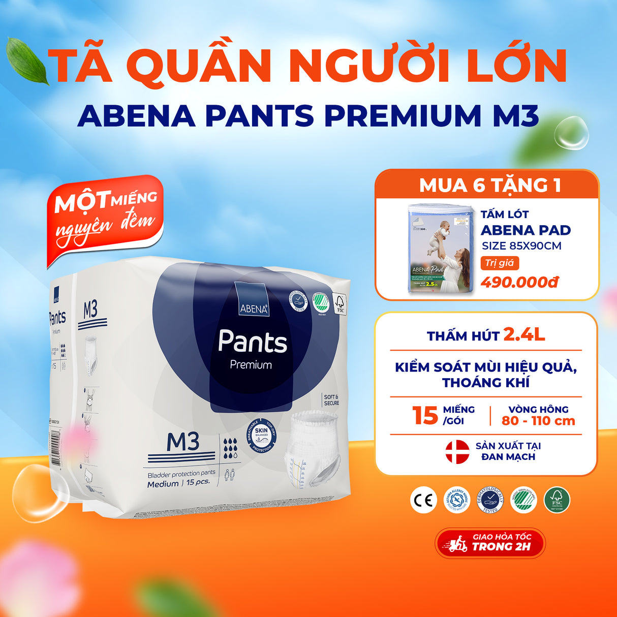 Tã quần người lớn Abena Pants Premium M3 miếng thấm hút 2.400ml - Nhập khẩu Đan Mạch