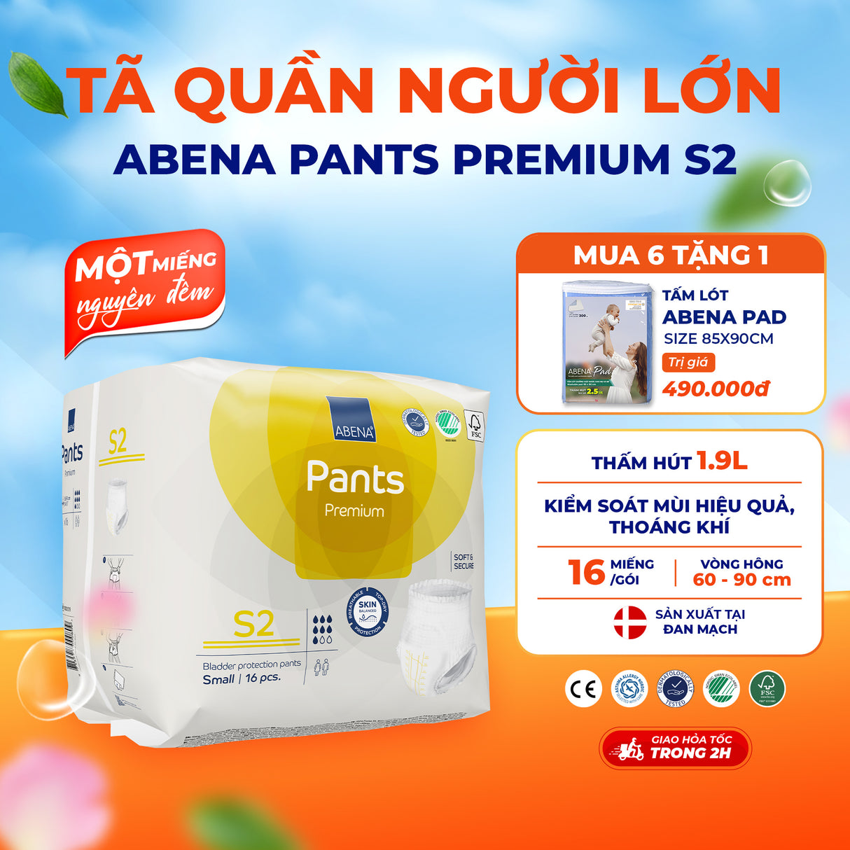 Tã quần người lớn Abena Pants Premium S2 thấm hút 1.900 ml - Nhâp khẩu Đan Mạch