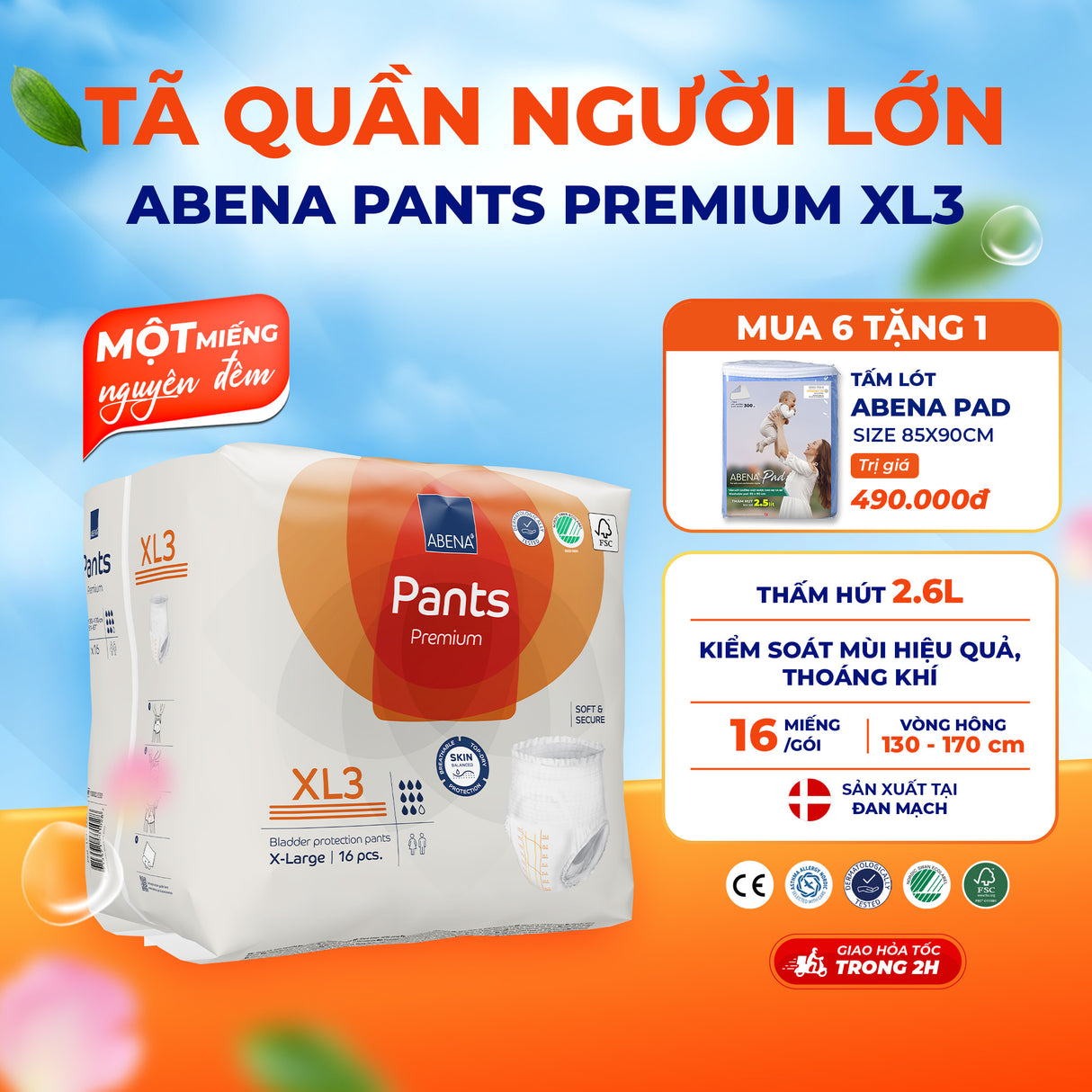 Tã quần người lớn Abena Pants Premium XL3 thấm hút 2.600ml - Nhập khẩu Đan Mạch