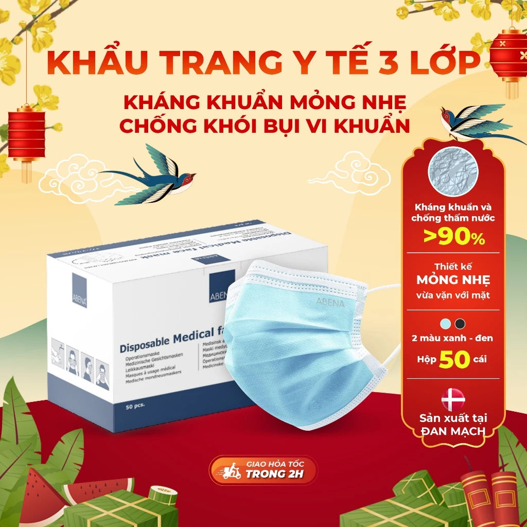 Khẩu trang y tế 3 lớp Abena kháng khuẩn mỏng nhẹ chống khói bụi vi khuẩn (Hộp 50 cái)