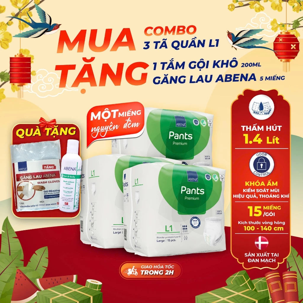 Tã quần người lớn Abena Pants Premium L1 thấm hút 1.400ml - Nhập khẩu Đan Mạch (Gói 15 miếng)