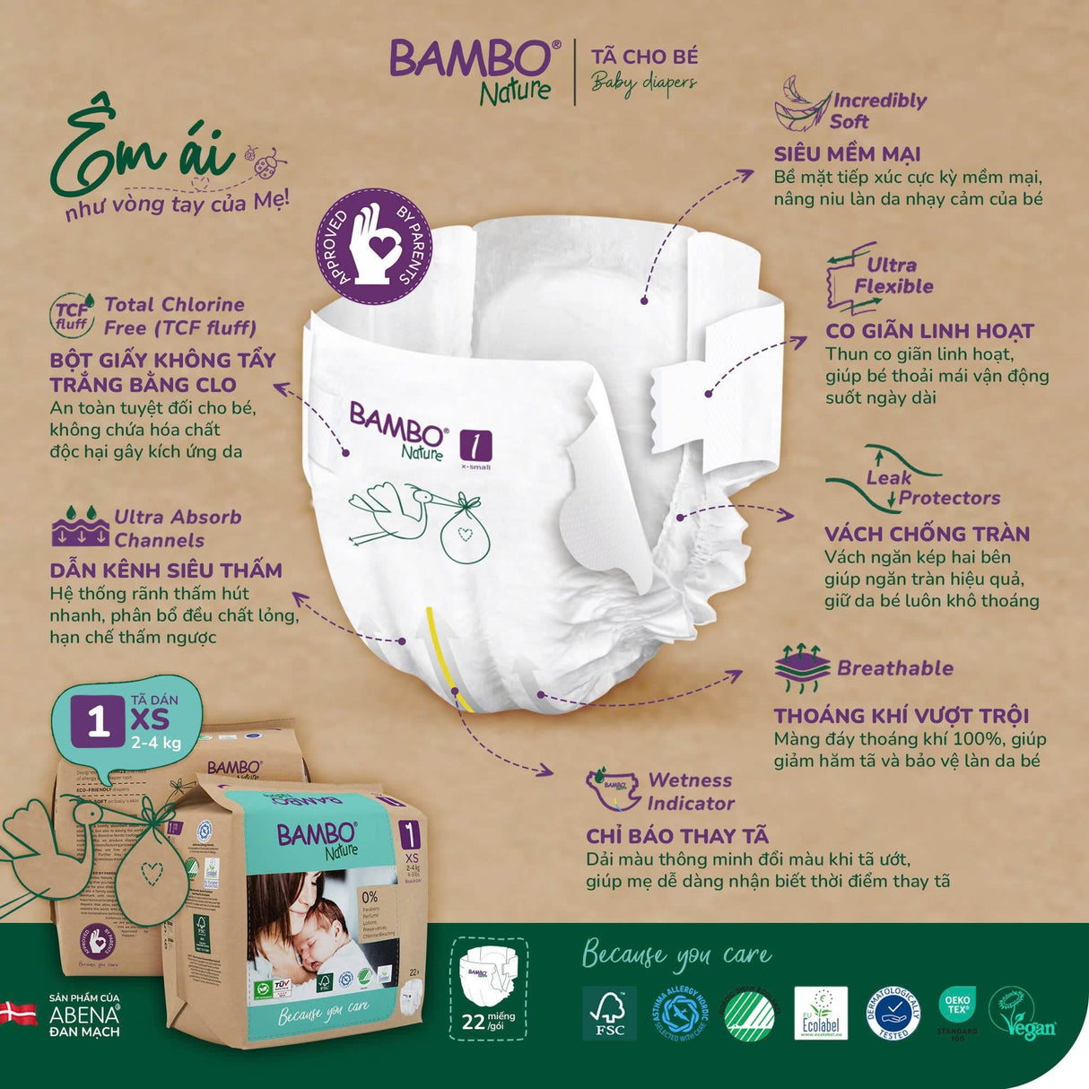 Tã Dán Hữu Cơ Trẻ Em Cao Cấp Bambo Nature - Thoáng Khí - Mỏng Nhẹ, An Toàn Cho Da Bé - Đạt Chứng Nhận An Toàn Quốc Tế - ABcare