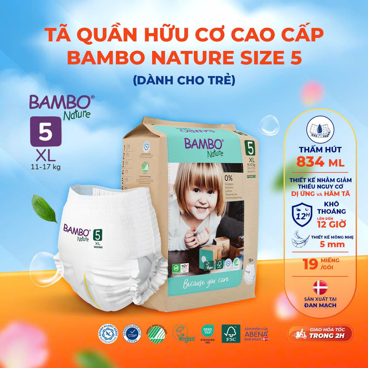 Tã Quần Hữu Cơ Trẻ Em Cao Cấp Bambo Nature - Thoáng Khí - Mỏng Nhẹ, An Toàn Cho Da Bé - Đạt Chứng Nhận An Toàn Quốc Tế - ABcare