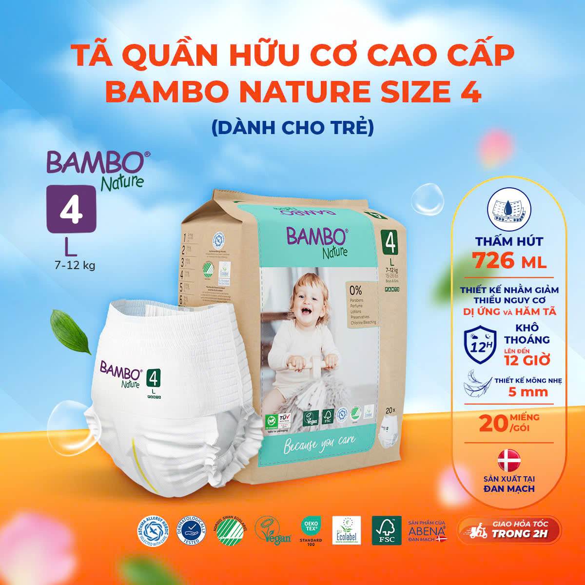 Tã Quần Hữu Cơ Trẻ Em Cao Cấp Bambo Nature - Thoáng Khí - Mỏng Nhẹ, An Toàn Cho Da Bé - Đạt Chứng Nhận An Toàn Quốc Tế - ABcare