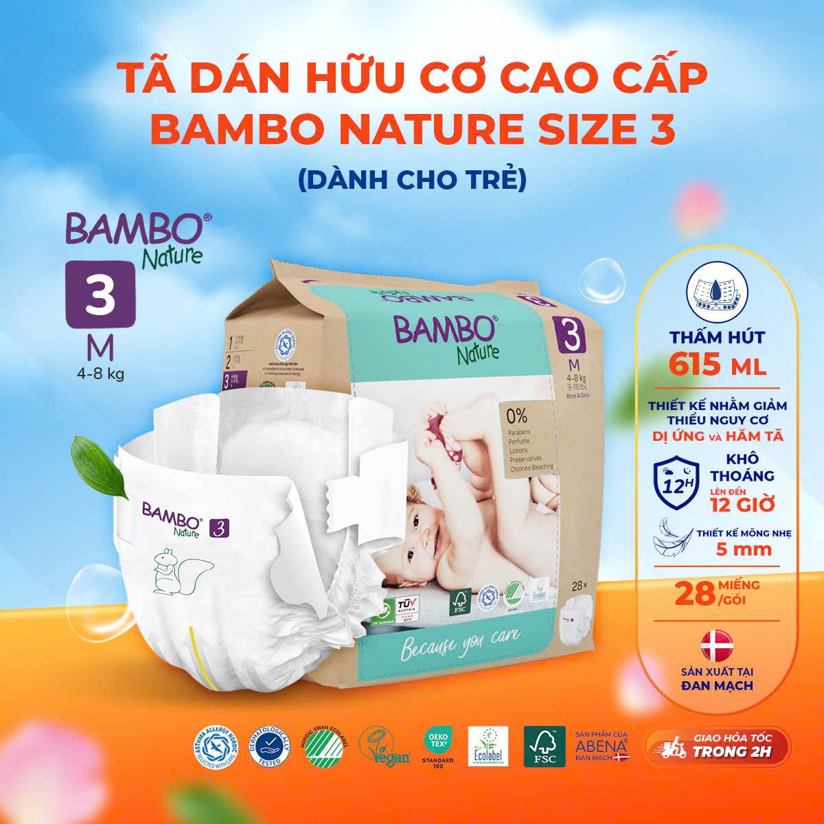 Tã Dán Hữu Cơ Trẻ Em Cao Cấp Bambo Nature - Thoáng Khí - Mỏng Nhẹ, An Toàn Cho Da Bé - Đạt Chứng Nhận An Toàn Quốc Tế - ABcare