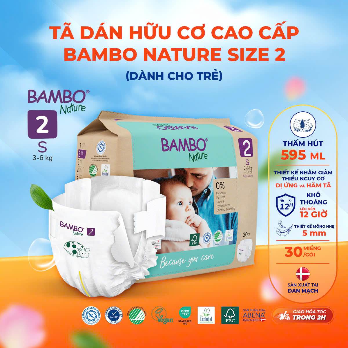 Tã Dán Hữu Cơ Trẻ Em Cao Cấp Bambo Nature - Thoáng Khí - Mỏng Nhẹ, An Toàn Cho Da Bé - Đạt Chứng Nhận An Toàn Quốc Tế - ABcare