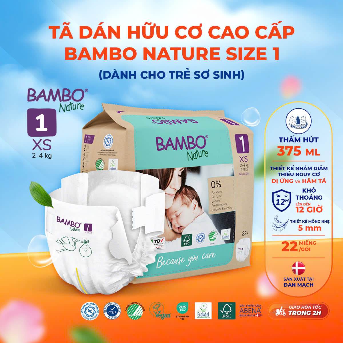 Tã Dán Hữu Cơ Trẻ Em Cao Cấp Bambo Nature - Thoáng Khí - Mỏng Nhẹ, An Toàn Cho Da Bé - Đạt Chứng Nhận An Toàn Quốc Tế - ABcare