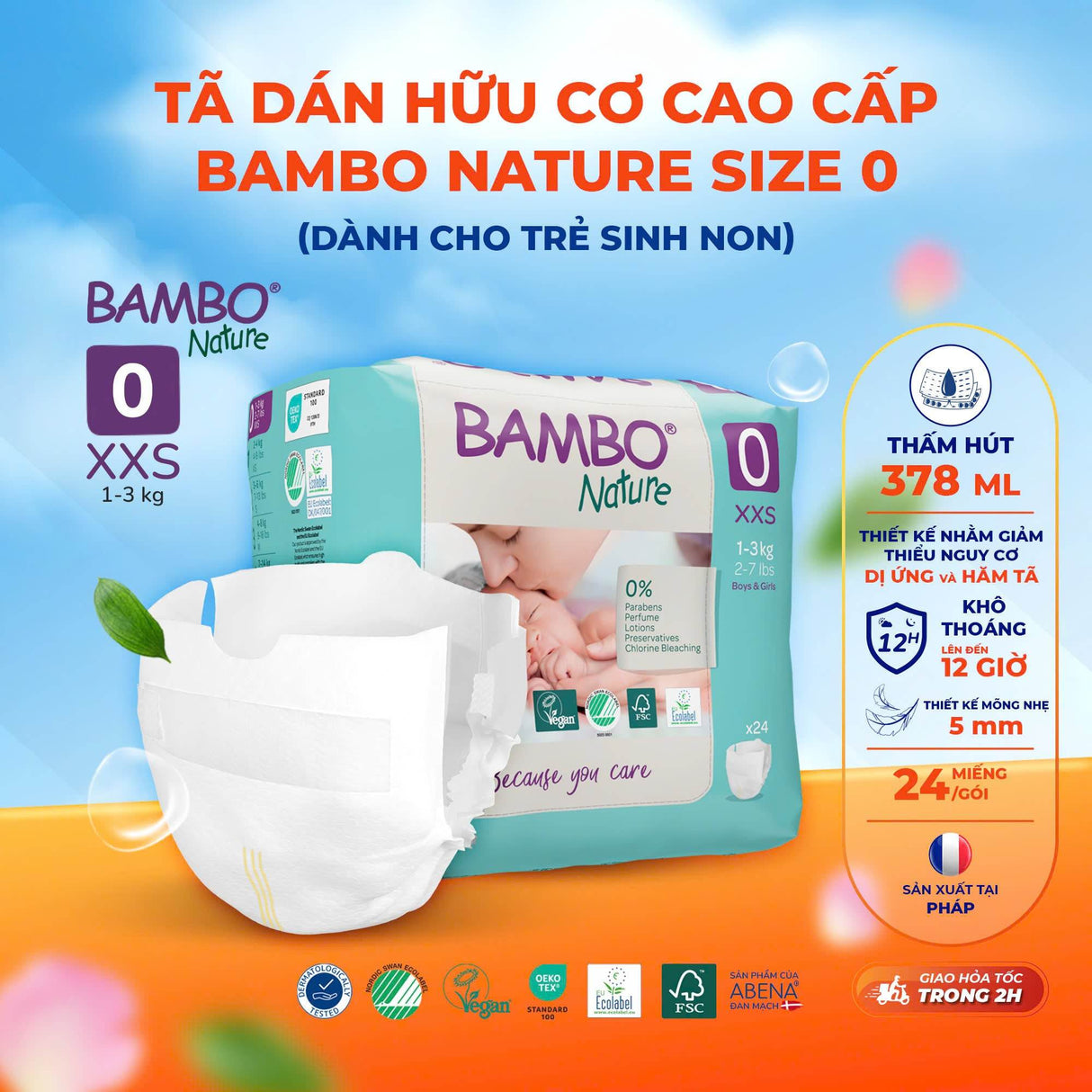 Tã Dán Hữu Cơ Trẻ Em Cao Cấp Bambo Nature - Thoáng Khí - Mỏng Nhẹ, An Toàn Cho Da Bé - Đạt Chứng Nhận An Toàn Quốc Tế - ABcare