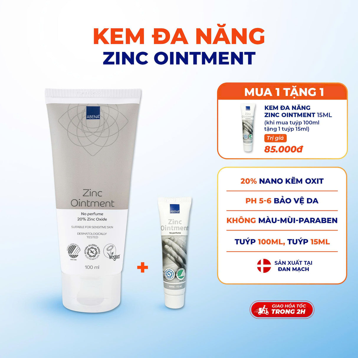 Kem đa năng Abena Zinc Ointment - Nhập Khẩu Đan Mạch - Chăm sóc các vùng da bị tổn thương như chàm, côn trùng cắn