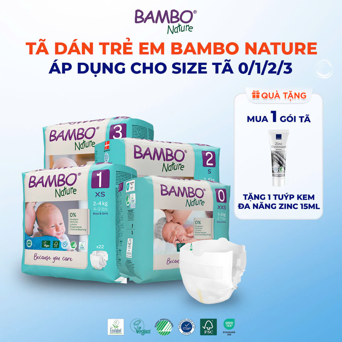 Tã Dán Hữu Cơ Trẻ Em Cao Cấp Bambo Nature - Thoáng Khí - Mỏng Nhẹ, An Toàn Cho Da Bé - Đạt Chứng Nhận An Toàn Quốc Tế