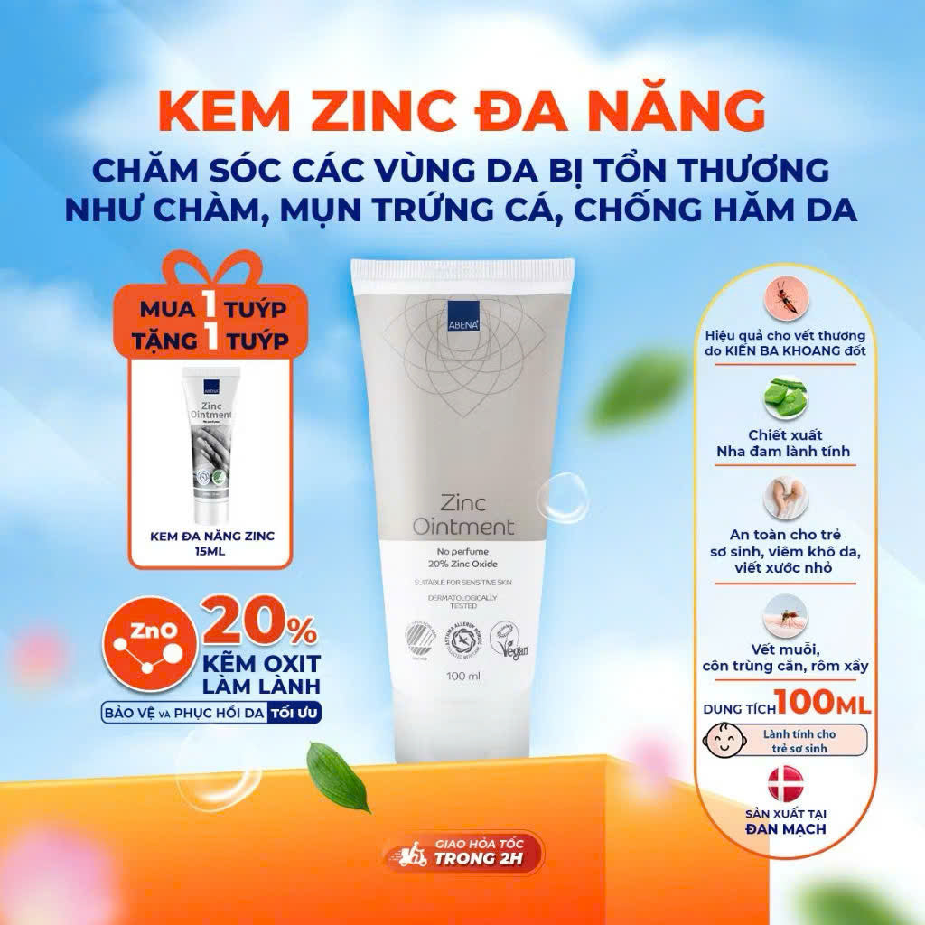 Kem đa năng Abena Zinc Ointment - Nhập Khẩu Đan Mạch - Chăm sóc các vùng da bị tổn thương như chàm, côn trùng cắn