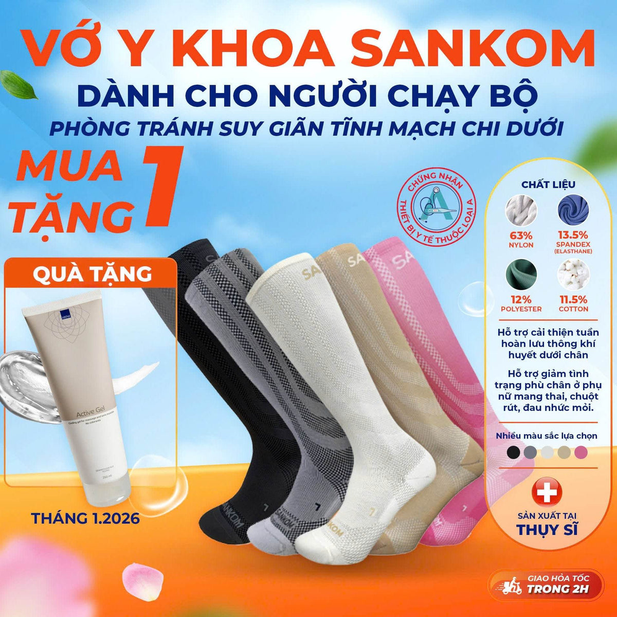 Vớ, Tất y khoa SANKOM - Giúp giảm suy giãn tĩnh mạch - Cho nam và nữ -