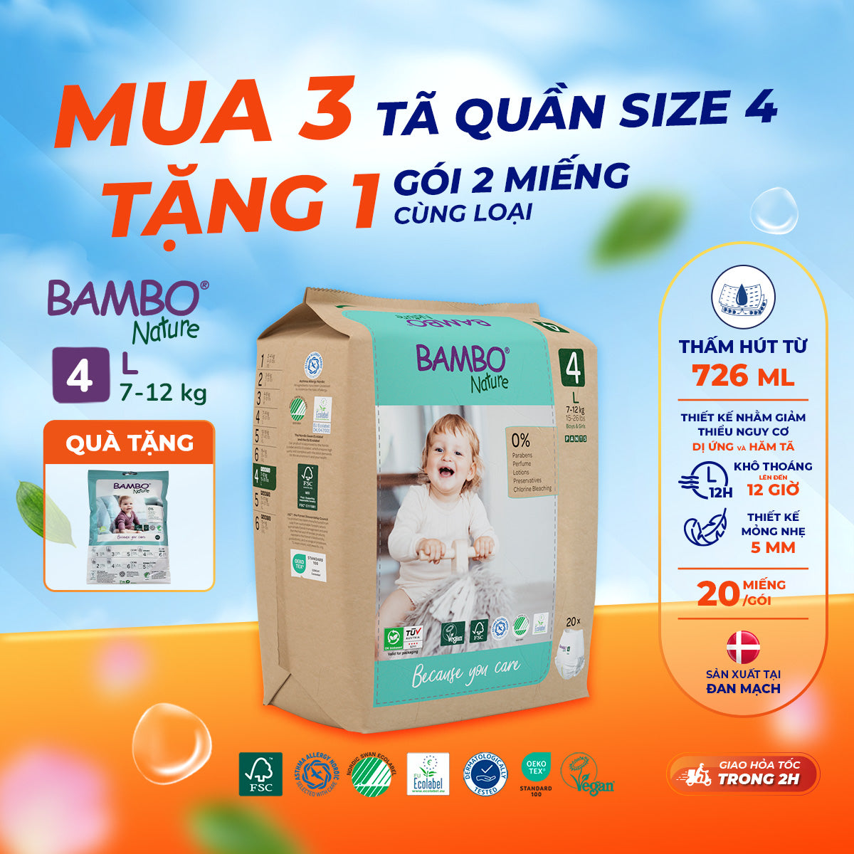 Tã Quần Hữu Cơ Trẻ Em Cao Cấp Bambo Nature - Thoáng Khí - Mỏng Nhẹ, An Toàn Cho Da Bé - Đạt Chứng Nhận An Toàn Quốc Tế