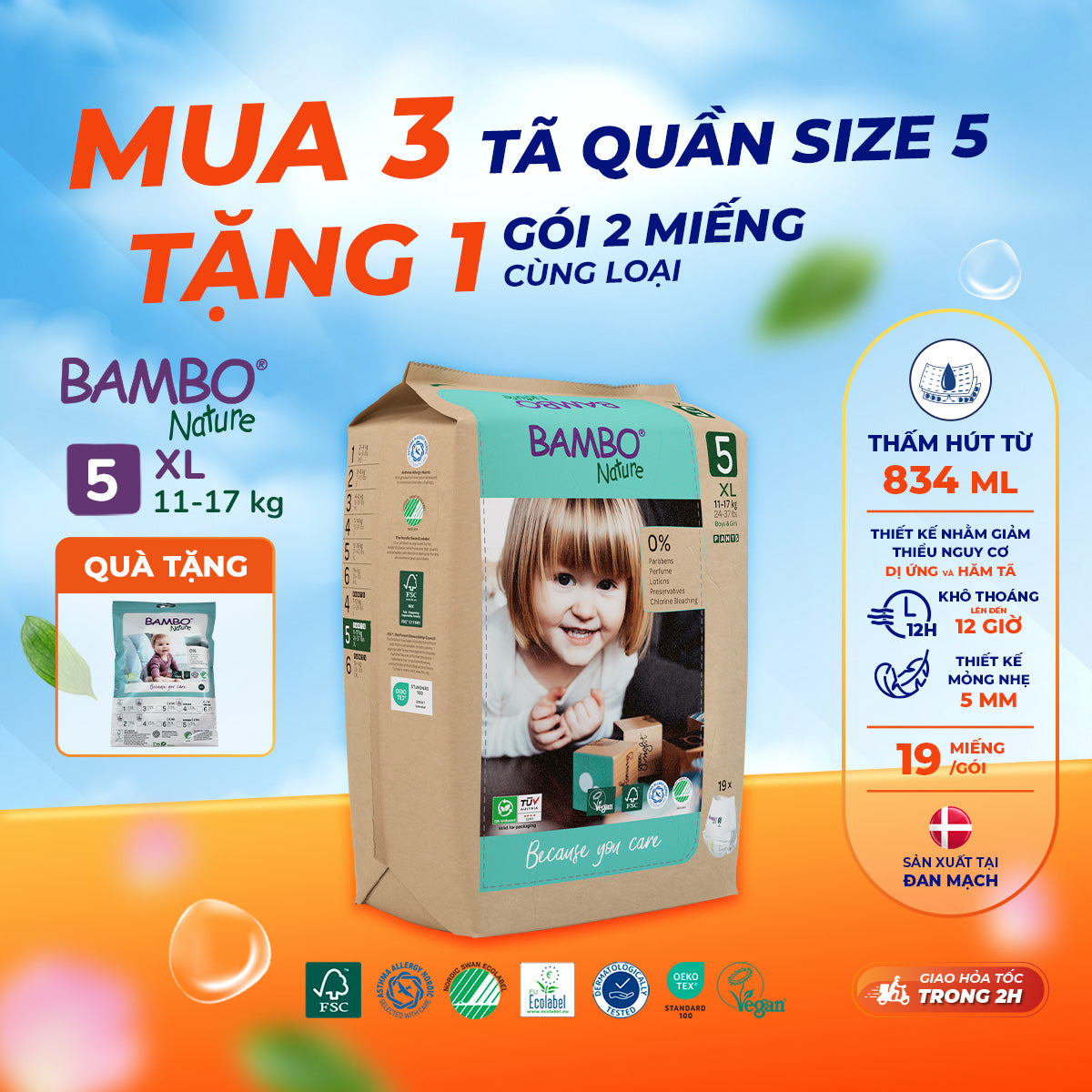 Tã Quần Hữu Cơ Trẻ Em Cao Cấp Bambo Nature - Thoáng Khí - Mỏng Nhẹ, An Toàn Cho Da Bé - Đạt Chứng Nhận An Toàn Quốc Tế