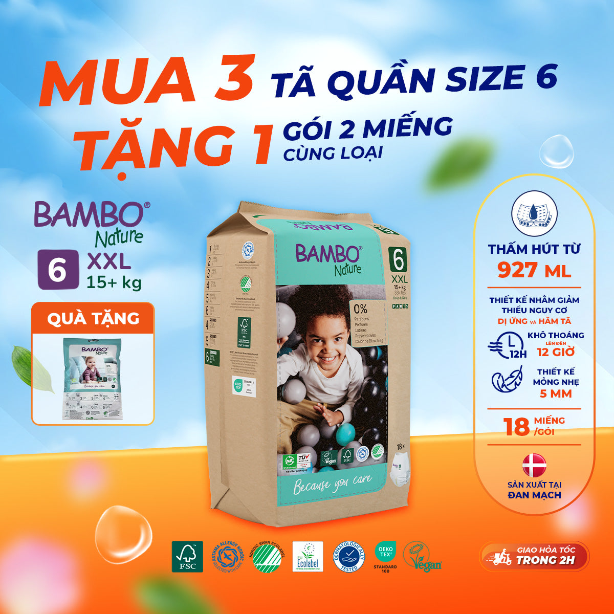 Tã Quần Hữu Cơ Trẻ Em Cao Cấp Bambo Nature - Thoáng Khí - Mỏng Nhẹ, An Toàn Cho Da Bé - Đạt Chứng Nhận An Toàn Quốc Tế