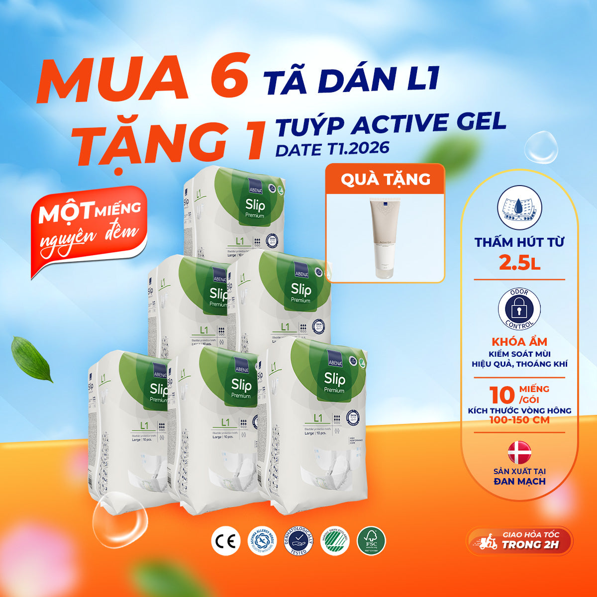 Tã dán người lớn cao cấp Abena Slip Premium L1 siêu thấm hút lên đến 2.5 lít thoải mái ngủ qua đêm - Nhập khẩu Đan Mạch