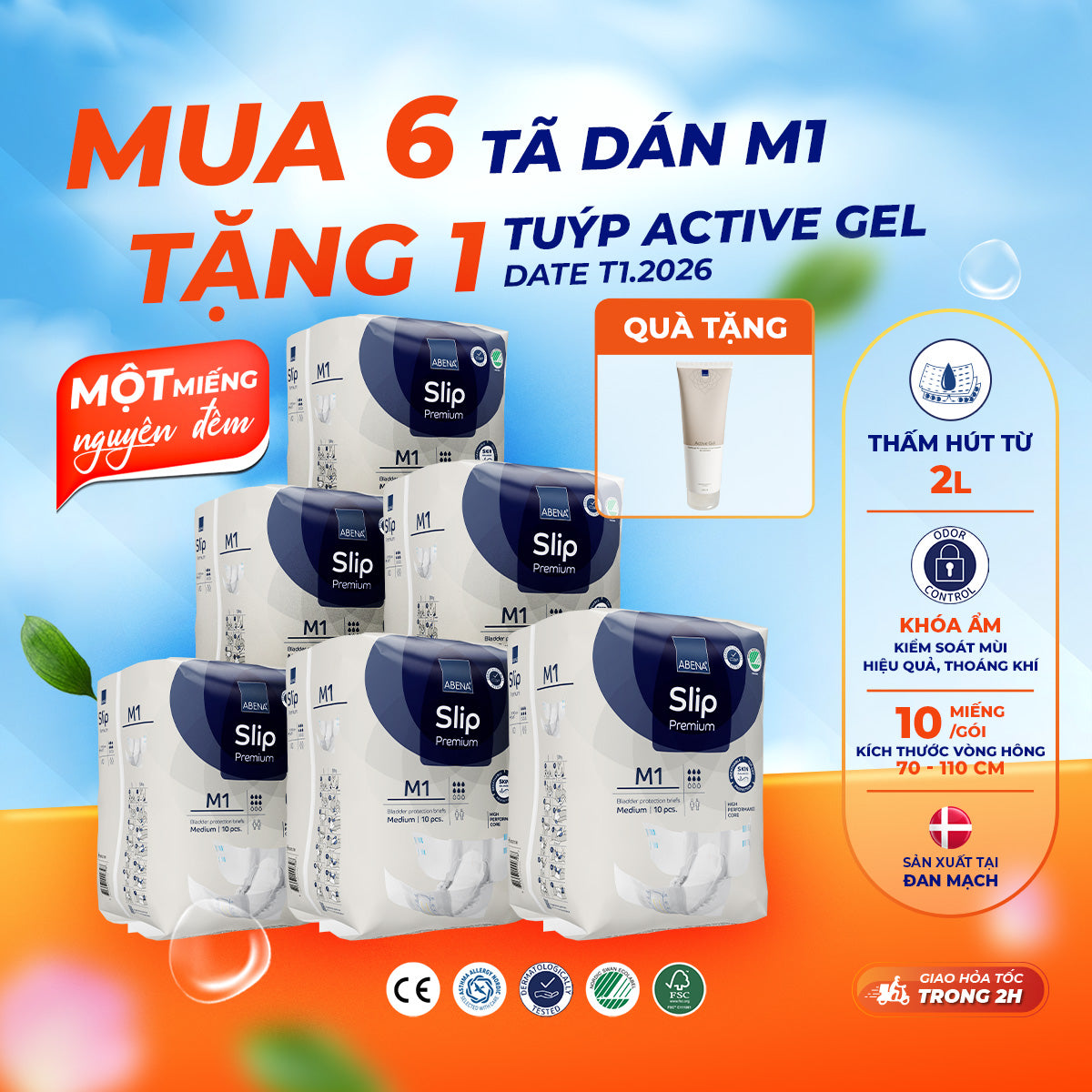 Tã dán người lớn Abena Slip premium M1 - Thấm hút 2 lít 1 miếng nguyên đêm