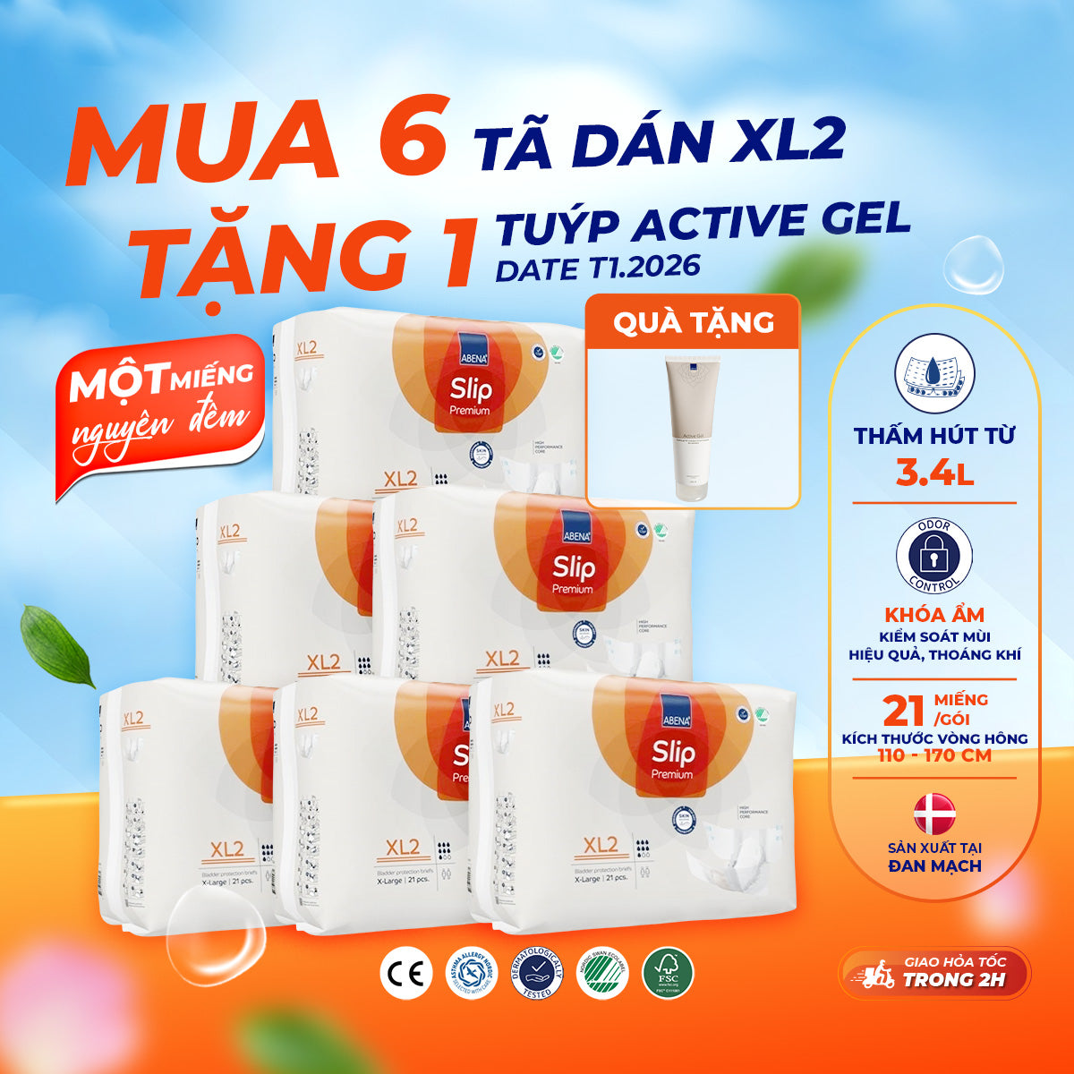 Tã Dán Người Lớn Abena Slip Premium XL2 - Thấm Hút Đến 3.4L - Thoáng Khí, Khóa Ẩm - Nhập Khẩu Từ Đan Mạch