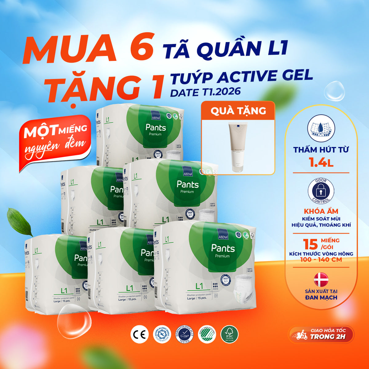 Tã quần người lớn Abena Pants Premium L1 thấm hút 1.400ml - Nhập khẩu Đan Mạch (Gói 15 miếng)