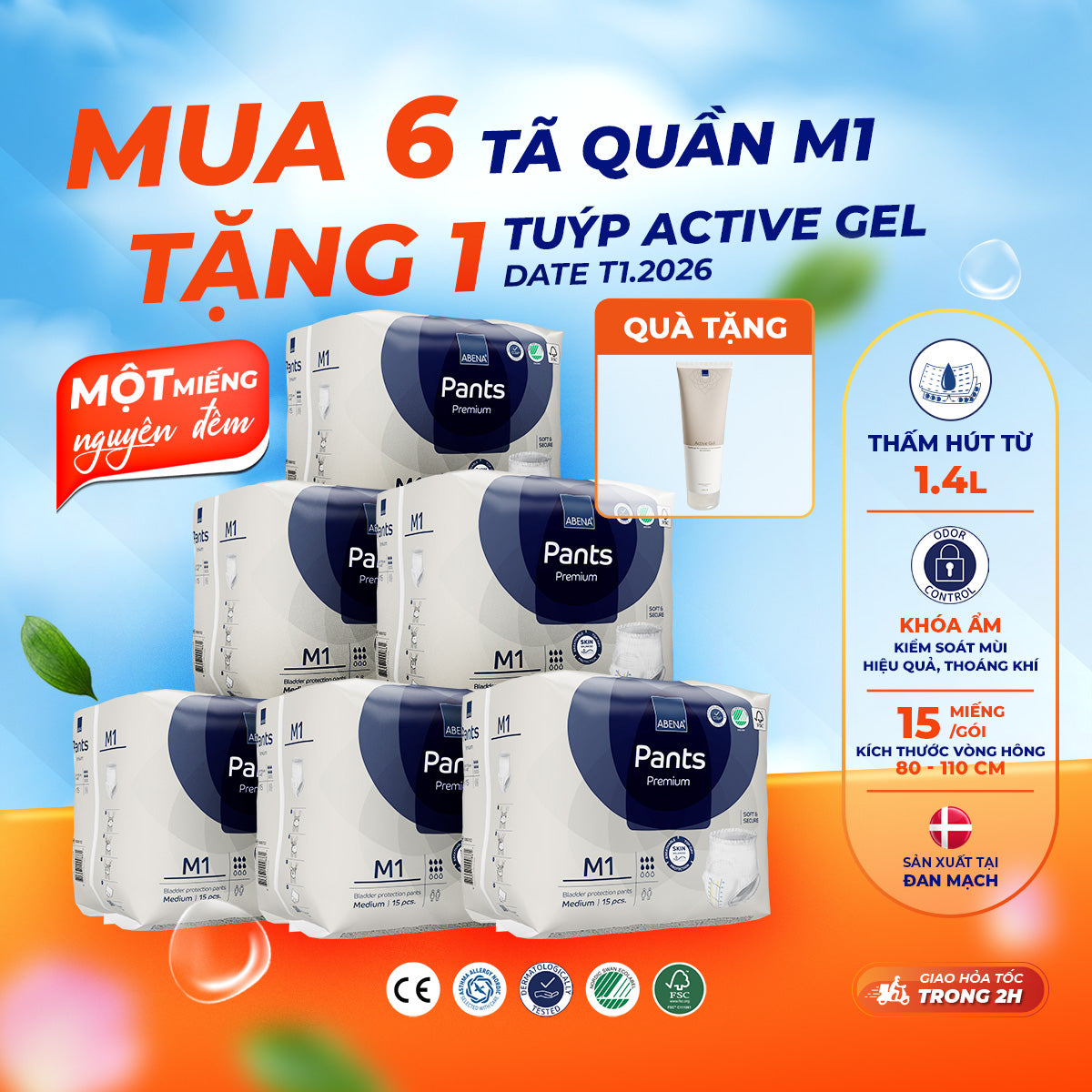 Tã quần người lớn Abena Pants Premium M1 - Miếng thấm hút 1.400ml - Nhập khẩu Đan Mạch