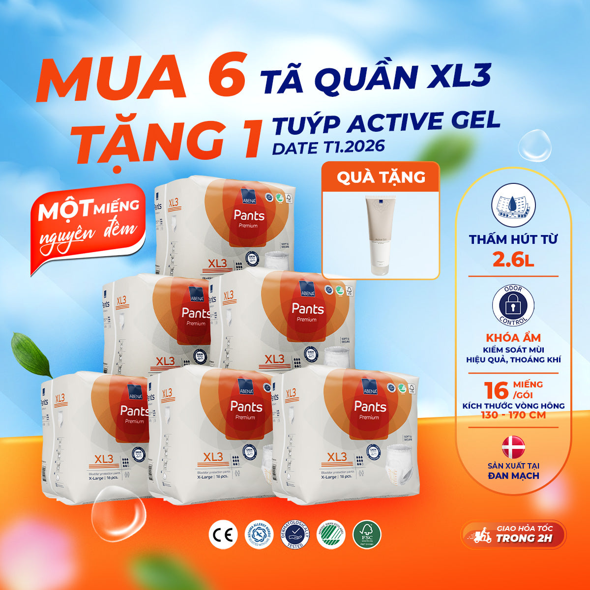 Tã quần người lớn Abena Pants Premium XL3 thấm hút 2.600ml - Nhập khẩu Đan Mạch