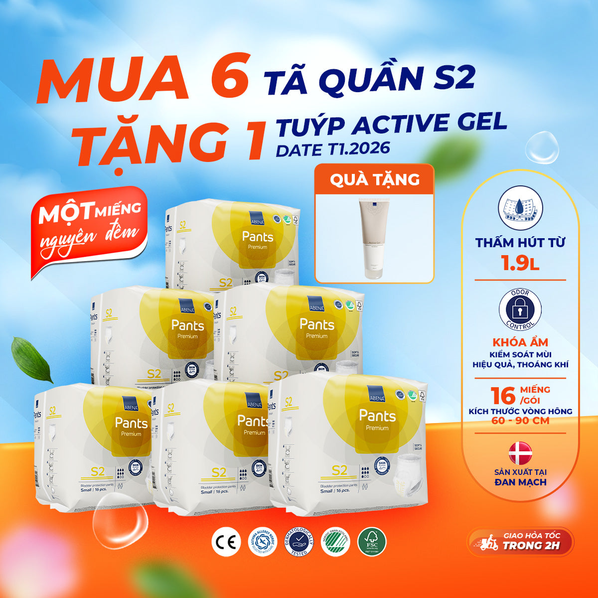 Tã quần người lớn Abena Pants Premium S2 thấm hút 1.900 ml - Nhâp khẩu Đan Mạch