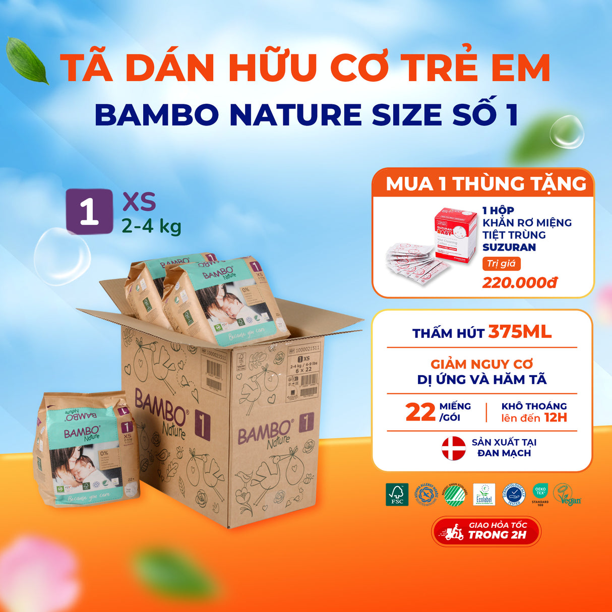 Tã Dán Hữu Cơ Trẻ Em Cao Cấp Bambo Nature - Thoáng Khí - Mỏng Nhẹ, An Toàn Cho Da Bé - Đạt Chứng Nhận An Toàn Quốc Tế