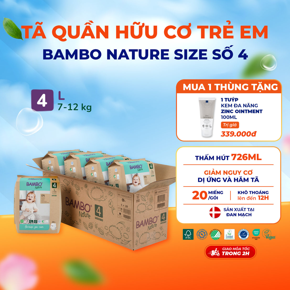 Tã Quần Hữu Cơ Trẻ Em Cao Cấp Bambo Nature - Thoáng Khí - Mỏng Nhẹ, An Toàn Cho Da Bé - Đạt Chứng Nhận An Toàn Quốc Tế