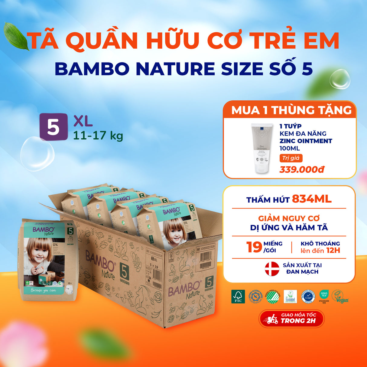 Tã Quần Hữu Cơ Trẻ Em Cao Cấp Bambo Nature - Thoáng Khí - Mỏng Nhẹ, An Toàn Cho Da Bé - Đạt Chứng Nhận An Toàn Quốc Tế