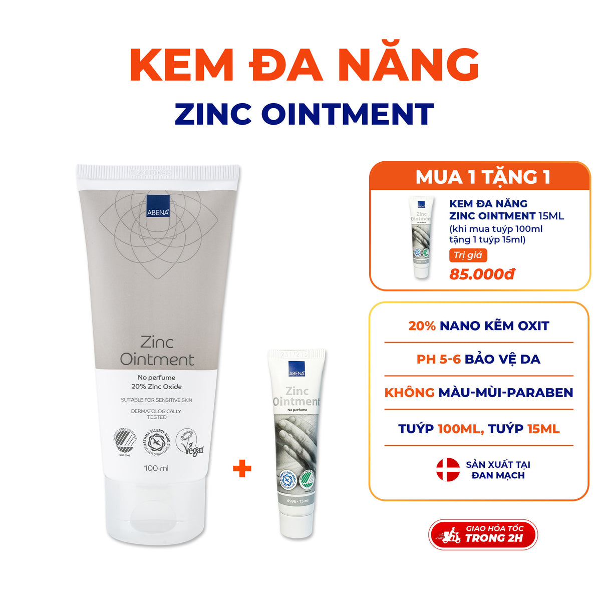 Kem đa năng Abena Zinc Ointment - Nhập Khẩu Đan Mạch - Chăm sóc các vùng da bị tổn thương như chàm, côn trùng cắn