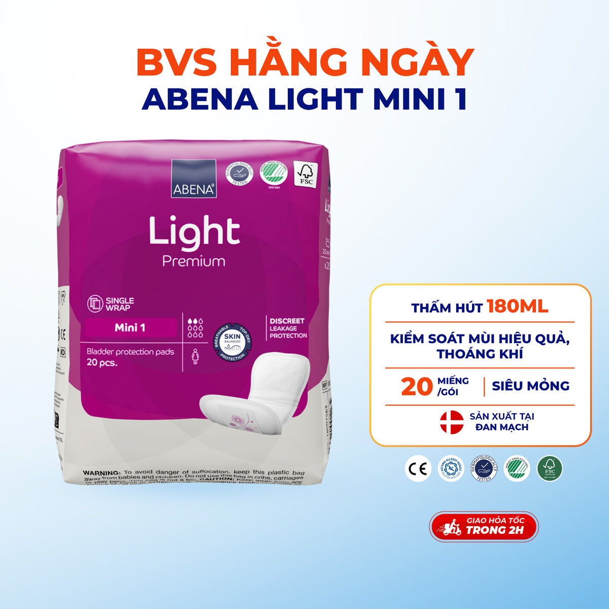 Băng vệ sinh hằng ngày Abena Light Mini 1 - Thấm hút 180ml - Nhập khẩu Đan Mạch (Gói 20 miếng)