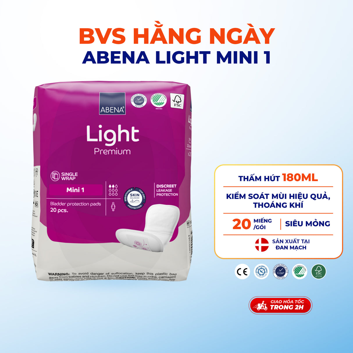 Băng vệ sinh hằng ngày Abena Light Mini 1 - Thấm hút 180ml - Nhập khẩu Đan Mạch (Gói 20 miếng)