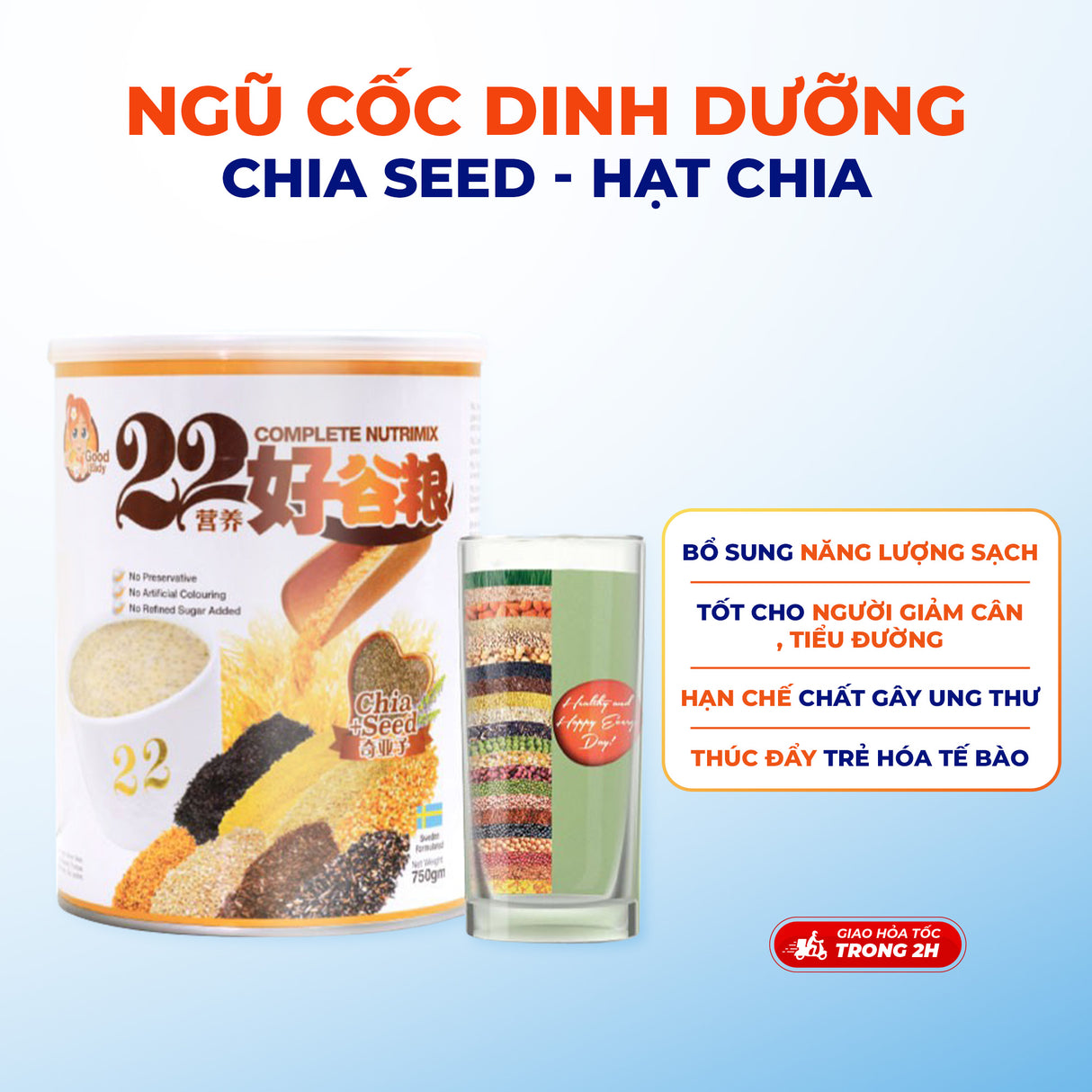 Bột Ngũ Cốc Dinh Dưỡng 22 Complete Nutrimix (750 G/Hộp Thiếc), hỗ trợ chăm sóc sức khỏe Hạn chế các chất gây ra ung thư