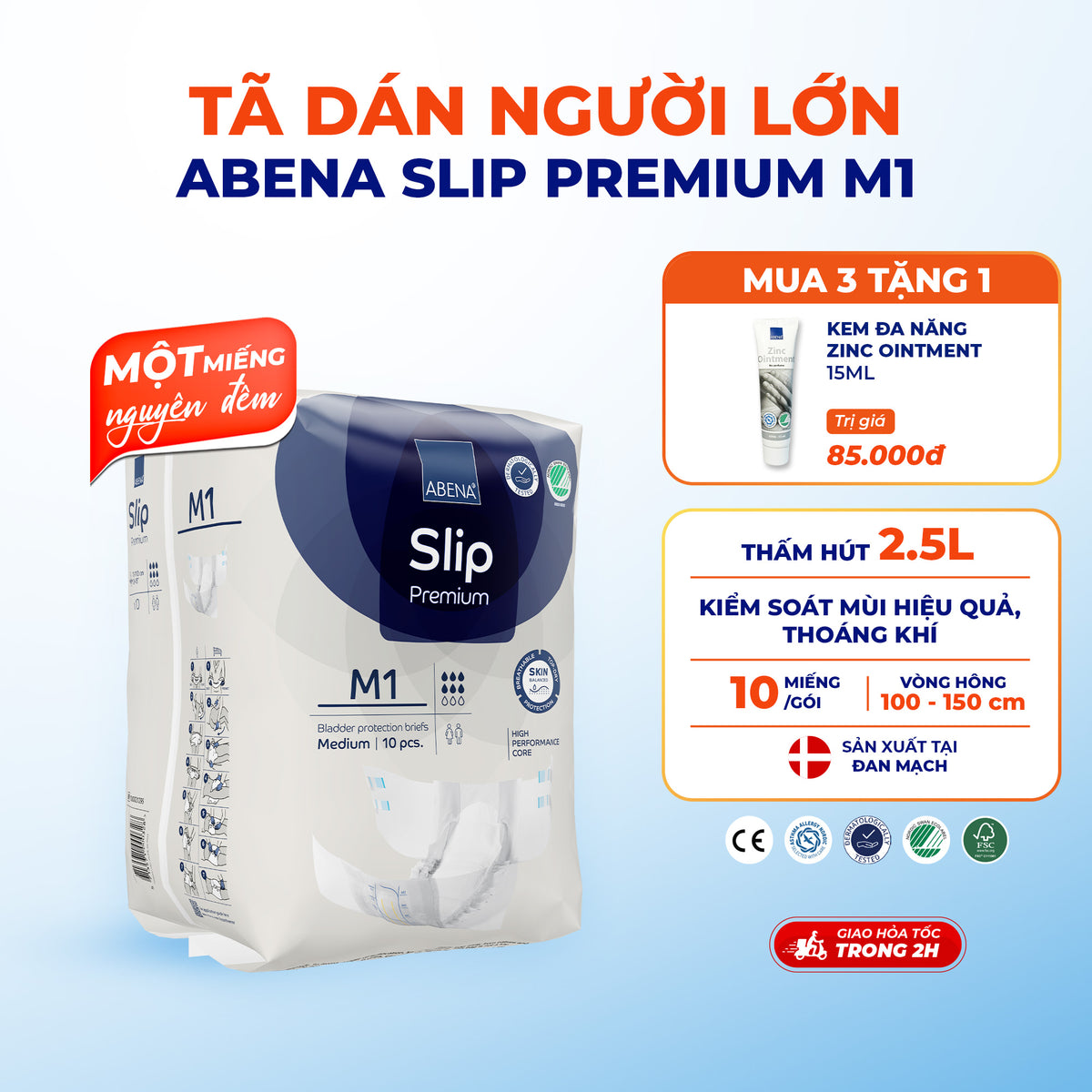Tã dán người lớn Abena Slip premium M1 - Thấm hút 2 lít 1 miếng nguyên